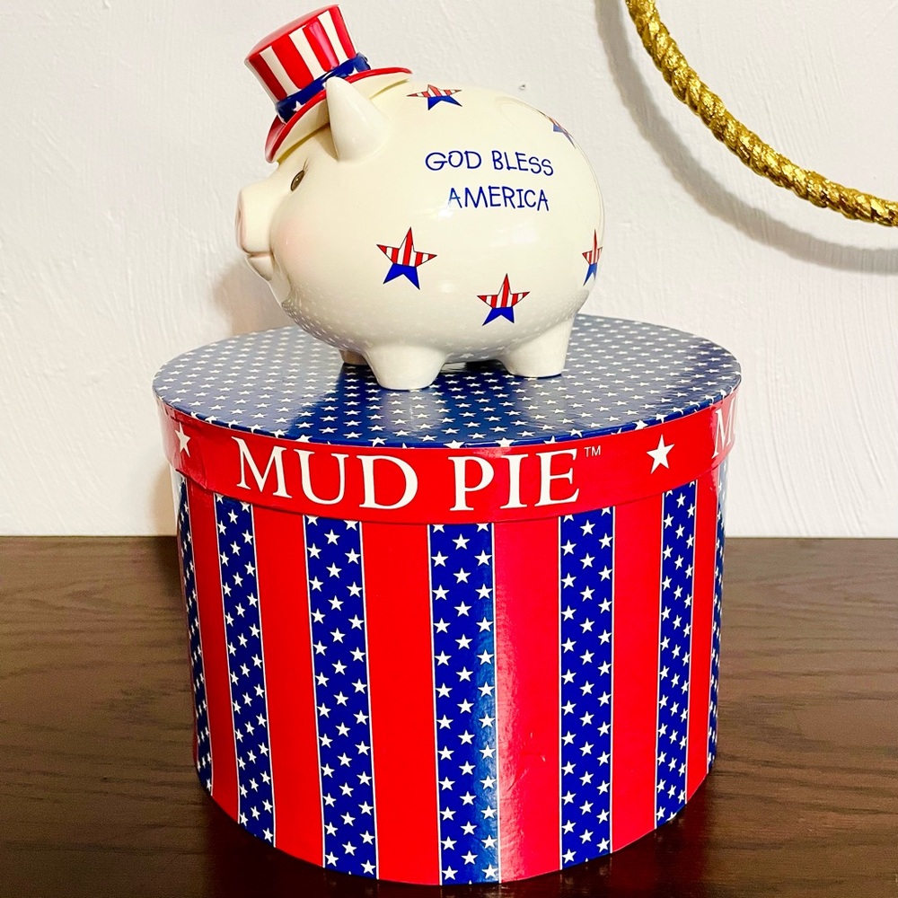 XL Mud Pie 2001 Piggy Bank God Bless America Ceramic Pig & Gift Box